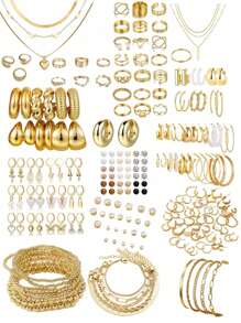 92-37 Stücke elegantes Vintage Schmetterling, Herz, Kunstperle, Knoten, Stern, Mond, Strass, breites Band, Schlangenkette, Flechtenkette, geometrische C-förmige Ohrringe, Halskette, Ring, Armband Schmuckset, geeignet für Feiertage, Partys, Alltagstragen, als Geschenk zu Festivitäten