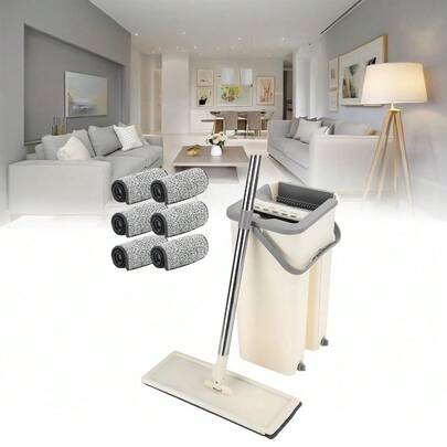 Mop And Bucket Set Cleaning System Flat Mop Set Microfibre Mop Set With 6 Washable Replacement Pads Suitable For Tiles Floors