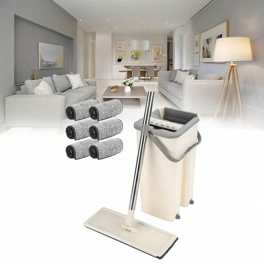 Mop And Bucket Set Cleaning System Flat Mop Set Microfibre Mop Set With 6 Washable Replacement Pads Suitable For Tiles Floors - Beige - View 1
