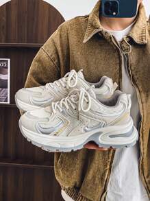 New Casual Versatile Men's Chunky Sneakers, Retro Patchwork Design, Lace-Up Low-Top Breathable Lightweight Outdoor Sports Shoes, Suitable For All Seasons