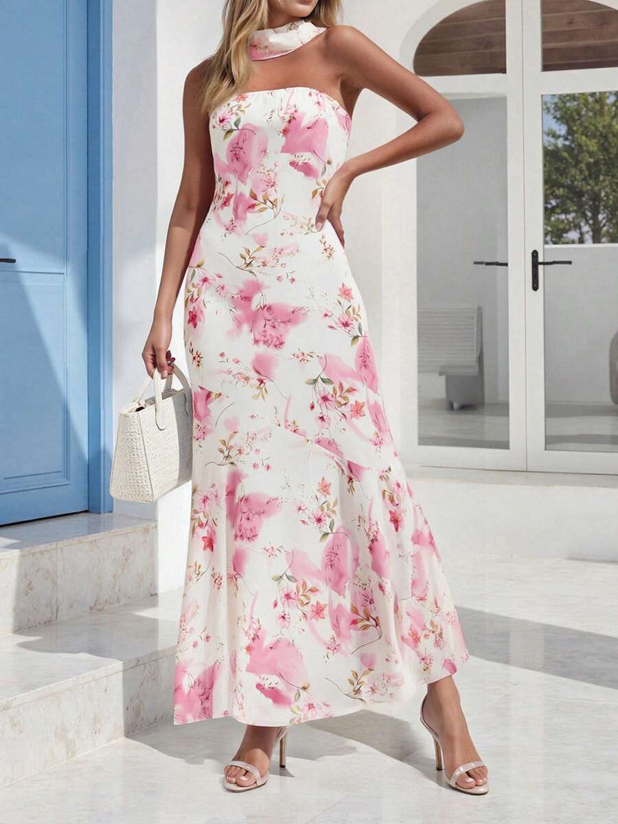 2PCS Women Floral Strapless Maxi Dress With Neck Scarf Backless Bodycon Tube Long Dresses Flower Mesh Summer Sundress - 白色 - 查看 1