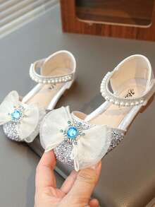 1 双时尚百搭粉色女孩珍珠和水钻蝴蝶结装饰可爱平底凉鞋，圆头，日常，舞蹈，户外穿着，闪光装饰封闭式趾公主鞋，适合春秋季 - 銀色 - 查看 4