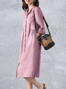 Women Pleating Casual Long Sleeve Shirt Dress Holiday Loose Solid Colour Long Dresses