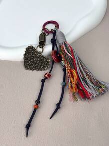 HXXOOS 1 Peça Pingente de Bolsa Estilo Boho com Borlas Coloridas para Mulheres, Pingente Retrô em Forma de Coração com Contas, Acessório DIY para Bolsas, Mochilas e Decoração de Carro de Crochê