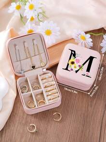 1 件花卉首字母首饰盒、A-Z 字母旅行首饰盒、伴娘、结婚礼物、字母戒指盒、女士礼品盒、PU 皮革首饰盒（用于戒指、吊坠、耳环、项链等） - 女孩和女士礼品盒。