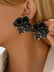 1 对法式优雅复古波西米亚风格亚克力花朵黑色耳钉，适合送礼、女士日常、度假、派对装 - 黑色 - 查看 2