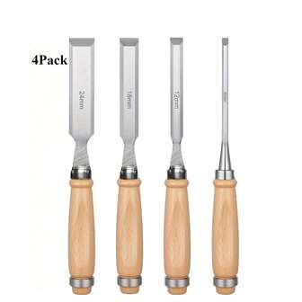 4-delad professionell träbearbetningsmejselsats - 6 mm, 12 mm, 18 mm, 24 mm mejslar med diagonalkanter med förkromade blad av vanadinstål och handtag i massivt trä