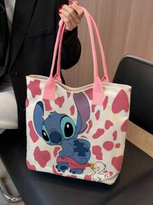 Disney 1 pieza (Autorizado por Disney) Bolsa de lona de gran capacidad con un solo hombro con diseño de la serie de dibujos animados a rayas de Stitch, estilo japonés.