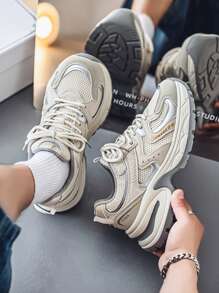 New Casual Versatile Men's Chunky Sneakers, Retro Patchwork Design, Lace-Up Low-Top Breathable Lightweight Outdoor Sports Shoes, Suitable For All Seasons