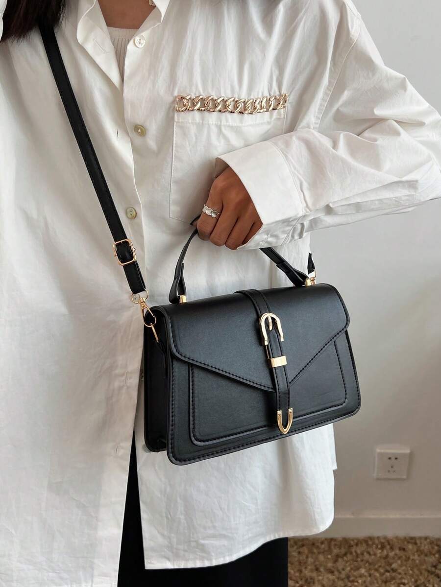 Lightweight, Stylish, Casual Square Shoulder Bag With Buckle Decoration, Mother's Day Gift, Suitable For Mothers, Teenagers, Students, And Office Workers, Very Suitable For Office, University, Work, Commuting, And Travel. (White/Black) - 黑色 - 查看 1
