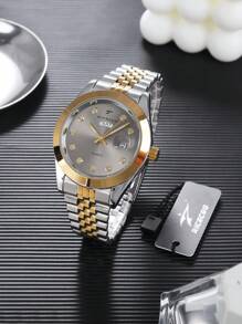 RICECGO RICECGO 1 pieza Reloj de cuarzo clásico para hombre - Estilo de negocio, esfera circular, pantalla de calendario dual, correa de acero inoxidable, movimiento de cuarzo, adecuado para uso diario, regalo ideal para cumpleaños u ocasiones especiales, regalo del Día del Padre