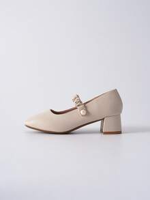 褶皱细节玛丽珍鞋，白色珍珠装饰粗跟尖头优雅高跟鞋，情人节圣诞节冬季圣诞礼物