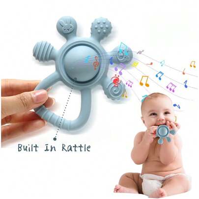 1pc Baby Silicone 2 In 1 Teether And Rattle, Silicone Teething Toys, Soothes Gums Hot & Cold For Teething Relief, Teethers For Babies 3-6 Months, Gift Set For Baby And Infant