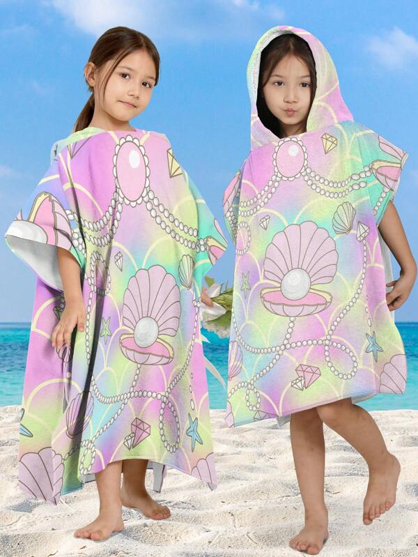1pc Ultra-Soft Fiber Cute Mermaid & Shell Cartoon Print Kids Hooded Cloak, Children Beach Bath Towel, Waterabsorbent Warm Wrap For Swimming, Beach, Shower, Multi-Use