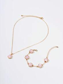 Set de 2 piezas - 1 colgante + 1 pulsera, Charm ovalado de trébol de 5 hojas minimalista y de lujo, adecuado como regalo para novia, boda, graduación o cita