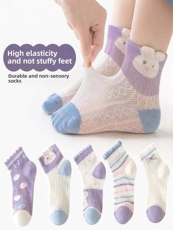 5 Pairs Girls' Cartoon Rabbit Mesh Mid-Calf Socks, Lightweight Seamless Toe Student Socks For Spring/Summer