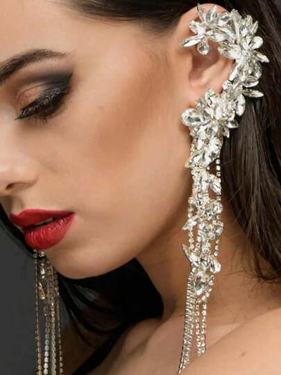 优雅长流苏耳环，手工制作的女士水钻夹式耳环，奢华派对配饰