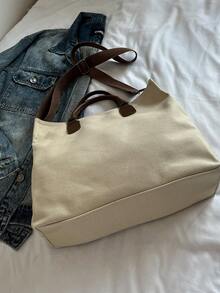 1pc Canvas Tote Bag, Large Capacity, Simplistic Design, Suitable For Women, Fits Laptop And Textbooks, Lightweight And Portable, Ideal For Daily Use, Commuting, School, College Students