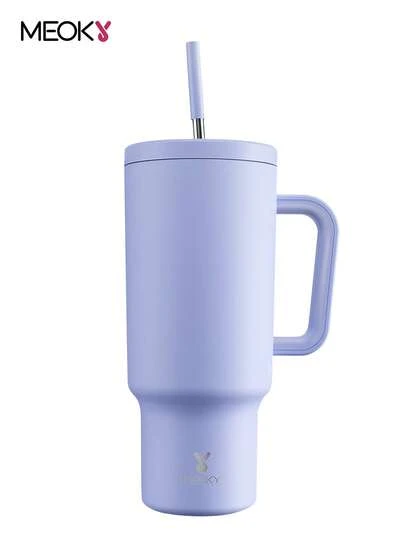 40盎司带把手吸管保温杯，真空保温水瓶，带吸管盖，不锈钢保温旅行杯，100%防漏，保冷34小时或保温10小时（哑光表面）
