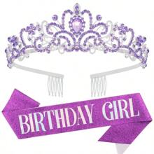 2pcs/Set Baroque Rhinestones Birthday Princess Queen Sash Ribbon Birthday Queen Crown Tiara Rhinestone Birthday Headbands Birthday Sash With Ribbon Pearl Pin Happy Birthday Crown And Sash Ribbon For Birthday Party Ball Decoration Bridal Tiara For 13th 16th 18th, 20th, 30th, 40th, 50th, And 60th 70th 80th Birthdays - Add A Touch Of Elegance To Your Party Decorations Party Supplies Ribbon