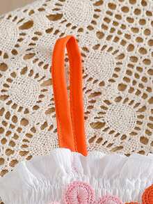 【夏季运动装】撞色吊带背心+橙色直筒宽松裤套装｜3D花朵褶皱设计｜日常休闲装、度假装、户外出游、海滩风运动套装 - 白色 - 查看 4