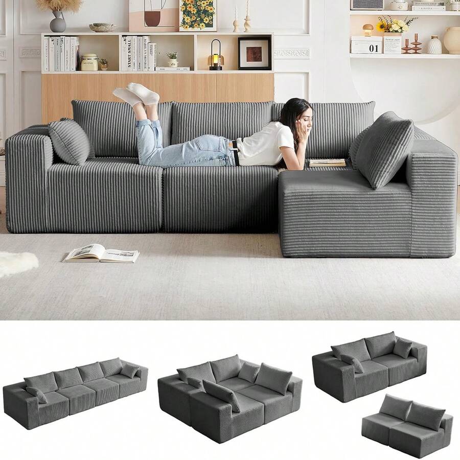 LUCKHAO 104'' Cloud Modular Sectional Sofa, Corduroy L-Shaped Minimalist Couch With Deep Seat, Modern 4-Seater Free Combination Sofa For Living Room – No Assembly Required