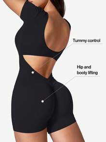 Women's Solid Color Open Back Sleeveless Romper Simple Daily Skinny Jumpsuit Versatile Short Bodycon Jumpsuit - 黑色 - 查看 3
