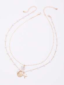 2件套海滩风金属海星、仿珍珠和贝壳项链首饰套装，度假风圣诞节冬季圣诞礼物 - 金色 - 查看 5