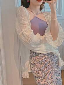 女款雪紡輕盈寬鬆防曬上衣，夏季薄款長袖外套 - 杏色 - 查看 1