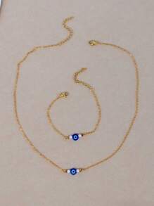Conjunto de 2 peças de colar e pulseira de contas geométricas assimétricas minimalistas e modernas com mau-olhado em aço inoxidável, adequado para uso diário
