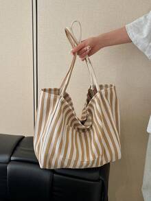 韩国复古别致条纹托特包，女士休闲大容量帆布单肩包，适合旅行和度假 - 卡其色 - 查看 5