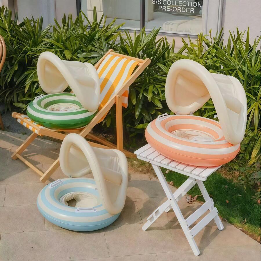 1pc Multicolor Striped Infant Swimming Ring With Sun Visor And Handles