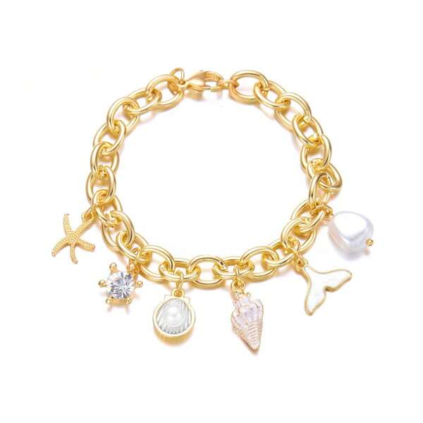 1pc Summer Fashion Vacation Blue Oil Drop Fish Tail Shell Starfish Bracelet, Elegant Sweet Personalized Beachy Accessories, Suitable For Ladies Daily, Beach Travel, Ocean, Seashore Wear