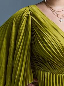 Mgiacy New Arrival V Neck One Shoulder Elegant Bridesmaid Dress Toothpick Pleat High Slit Asymmetrical Satin Long Dress Party - Olive Green - View 6