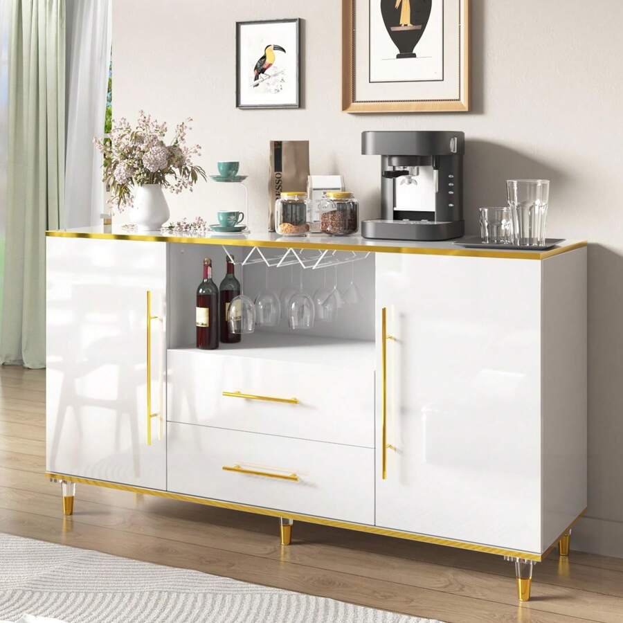 MARNUR Wine Bar Cabinet 55 Sideboard Buffet Cabinet 2-Door 2-Drawer For Kitchen Dining Room Living Room White
