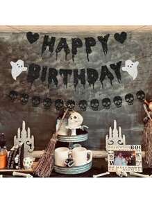 1 pieza Guirnalda decorativa de calavera negra de 98 pulgadas, adecuada para Halloween, boda gótica, cumpleaños, festival de Halloween, decoración de ambiente, fiesta temática, decoración de jardín al aire libre