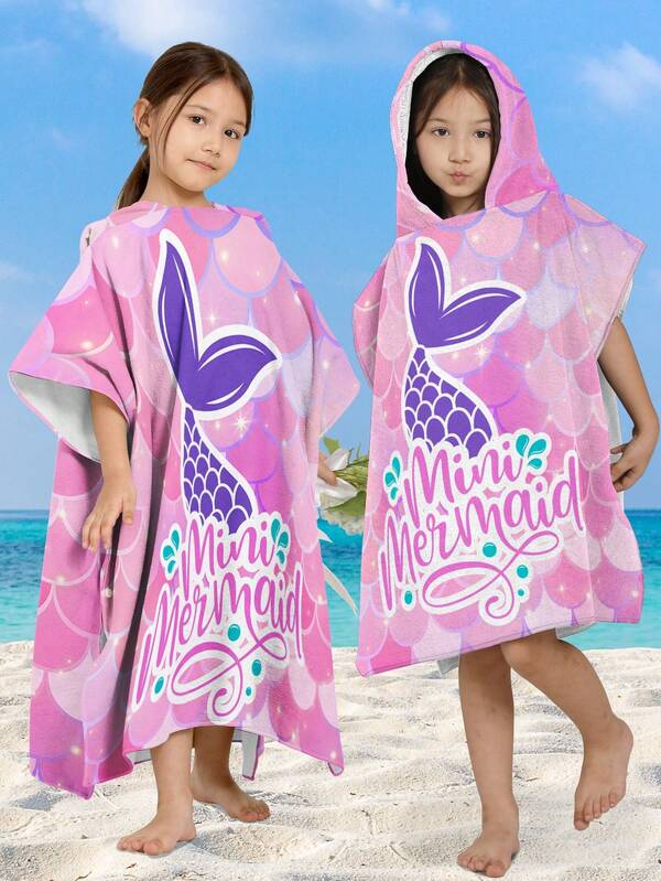 1pc Super Soft Mermaid & Shell Print Hooded Poncho For Kids, Absorbent & Warm Bathrobe, Ideal For Beach, Pool, Bathroom