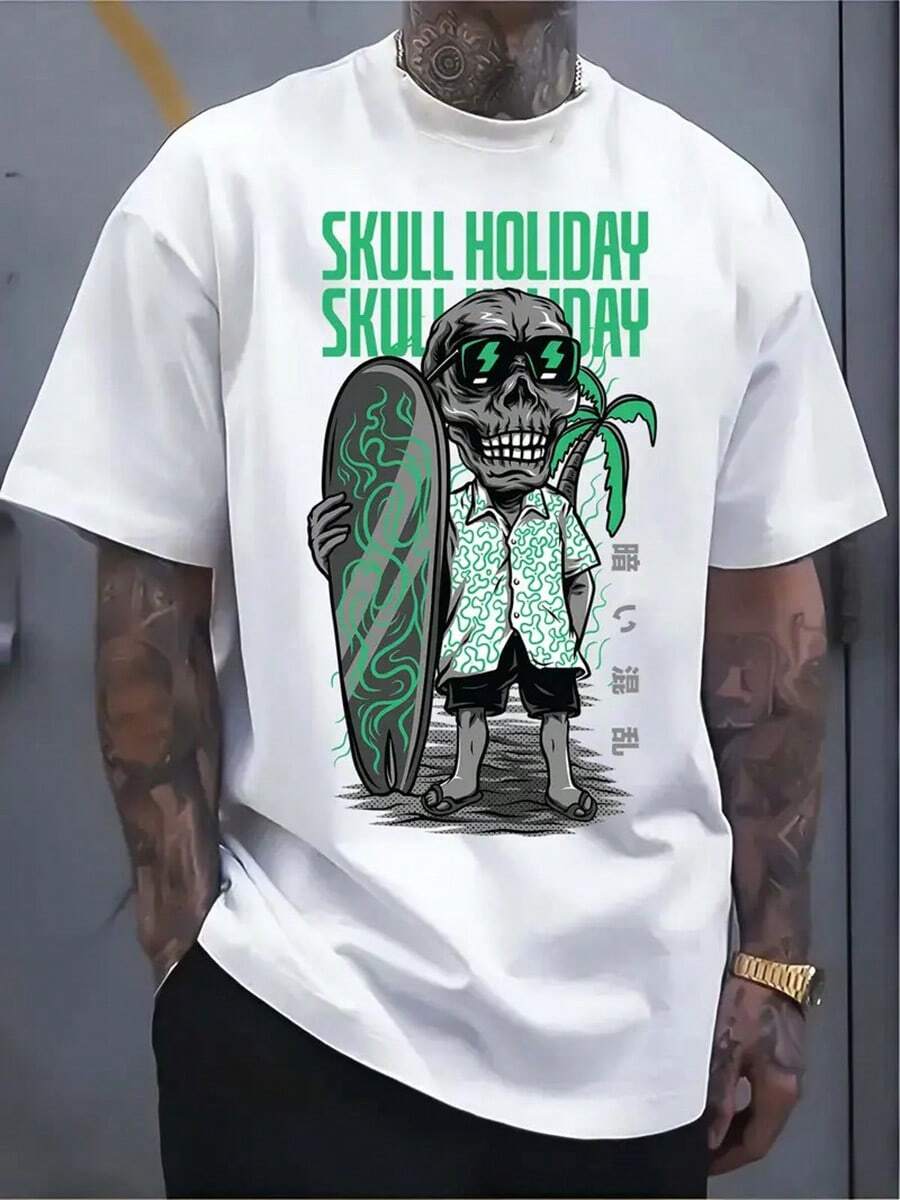 Men's Pure - Cotton White T - Shirt: Wave Rider Skull: Tropical Chill Men's Tee,Summer Men Vacation Outfits,Men Vacation,Graphic Tees Men,Father's Day Gift,A Great Gift - White - View 1