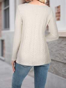 Womens Hollow V-Neck Button Solid Plain Tunic Tops Ladies Casual Loose Long Sleeve T-Shirt Blouse Ribbed Knitted Pullover Shirts Tee - Apricot - View 3