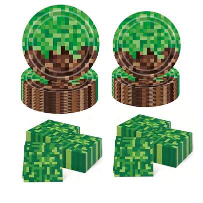 10pcs/20pcs/40pcs/Set,Pixel Party 9" 7" Paper Plate Napkins - Video Game Party Supplies, Pixel Themed Paper Plate Napkins For Birthday Party Tableware Decorations