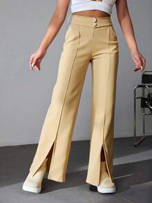 Pantalones de vestir de pierna ancha para mujer, cintura alta, dobladillo dividido, pantalones casuales con bolsillos - Beis - Ver 2