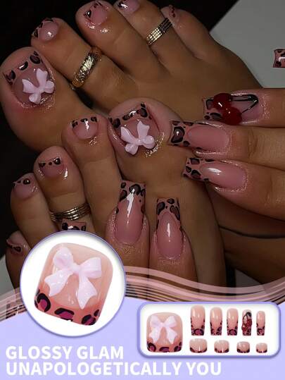 48 PIEZAS de uñas postizas con estilo francés de leopardo para manos y pies, con lazos rosados 3D y encantos de cerezas - Estilo dulce y genial, incluye pegamento de gelatina y lima, perfecto para uso diario de todas las mujeres