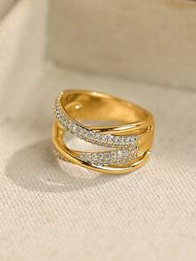 Boîte cadeau Bague de couleur argent avec ligne tourbillonnante de zircone cubique, bijoux pour femme, convient pour le mariage, cadeau de la Saint-Valentin - Doré - Voir 4