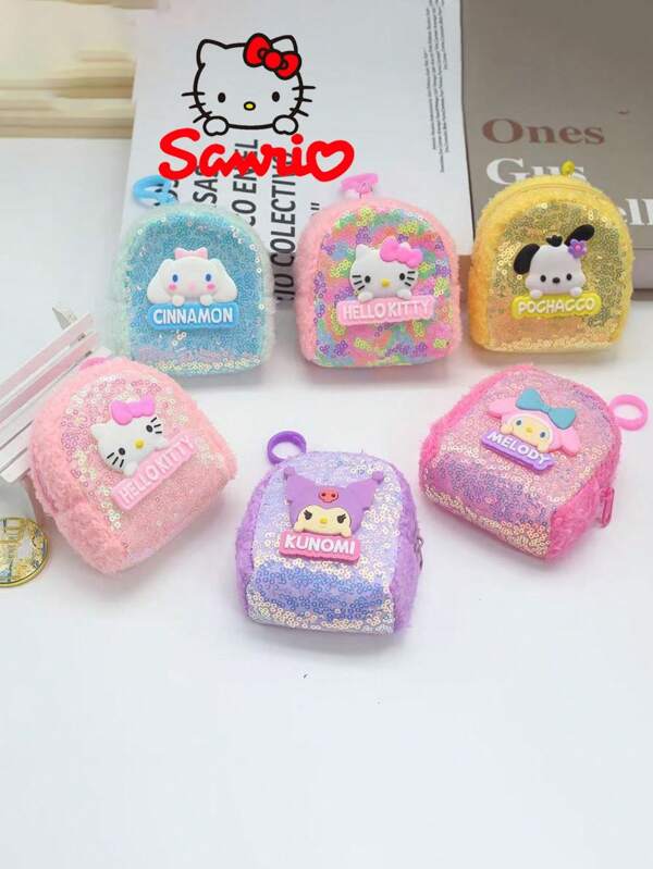 Sanrio 1 Set Cute Sanrio Rhinestone Sequin Mini Coin Purse, Cartoon Plush Keychain, Earphone Storage Pouch,School Supplies,Back To School