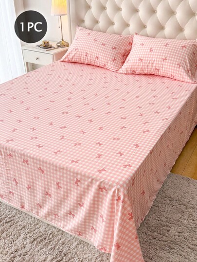 1pc 100%Polyester Simple Checkered Bow Flat Sheet, Modern Composite Fabric Bedding Flat Sheet For Bedroom
