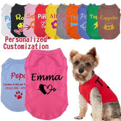 Customized Pet Dog T-Shirt, Dog Apparel With Multiple Patterns, Colors And Fonts, Personalized Information, Suitable For Small And Medium Dogs