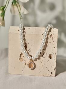 1pc Minimalist Design Elegant Faux Pearl Rhinestone Cat Eye Bead Chain Necklace, Versatile For Women Daily Wear, Formal Event, Gift Idea For Girlfriend, Best Friend, Birthday Christmas Winter Christmas Gifts