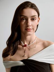 Faux Pearl & Flower Charm Y Lariat Necklace Valentines,Mom,Mother,Mother's Day,Gift