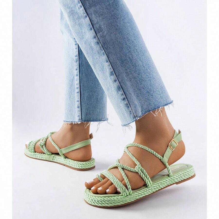 Women's Solid Color Woven Flat Slippers, Simple And Practical Multifunctional - Green - View 1