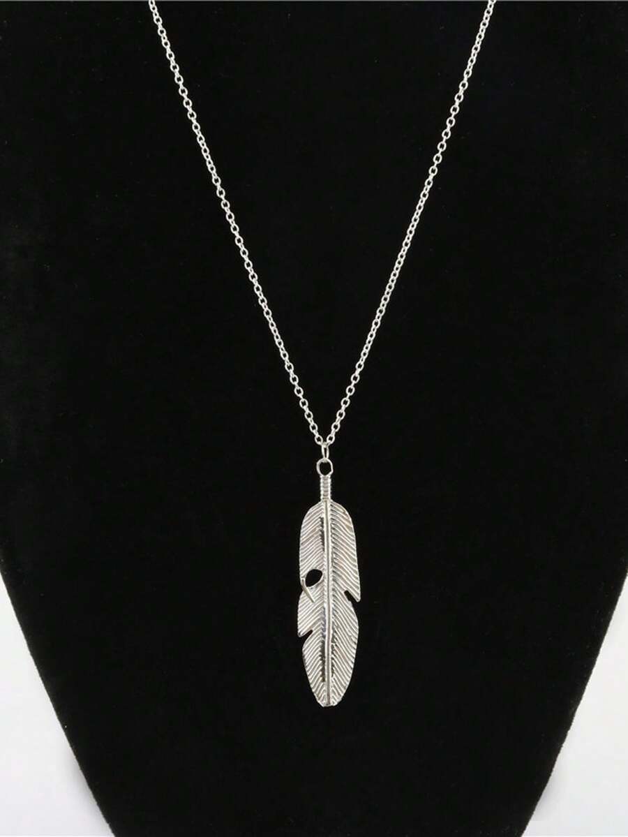 1pc Simple & Versatile Silver Feather Leaf Pendant Necklace - Silver - View 1